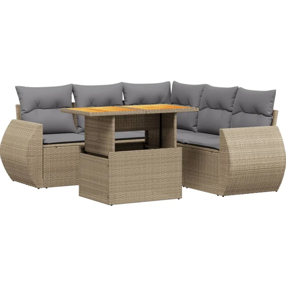 vidaXL 6-delige Loungeset met kussens poly rattan beige, foto 3