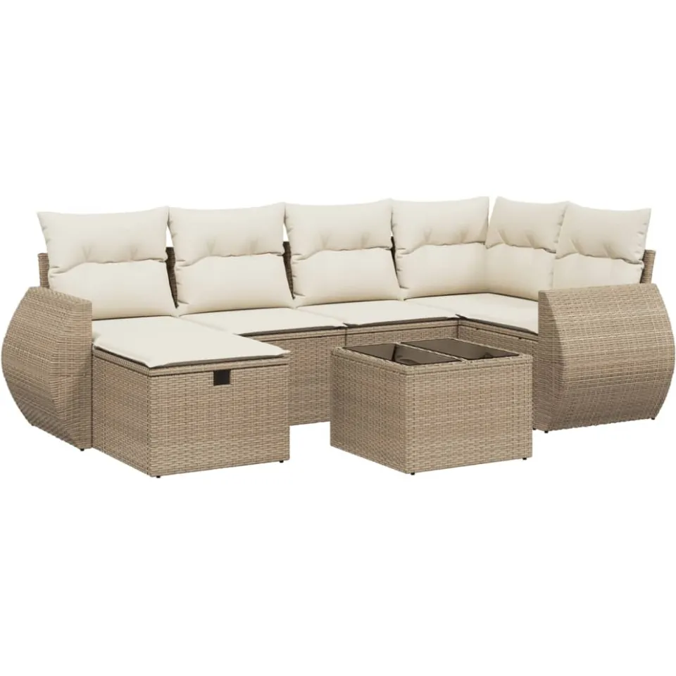 vidaXL 7-delige Loungeset met kussens poly rattan beige