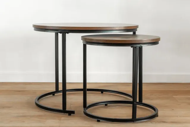 VL Home VLHOME Set van 2 lichte moderne stijl home meubels houten bijzettafel 60 x 45H , 40 x 40H Bruin hout, zwart been bruin-zwart