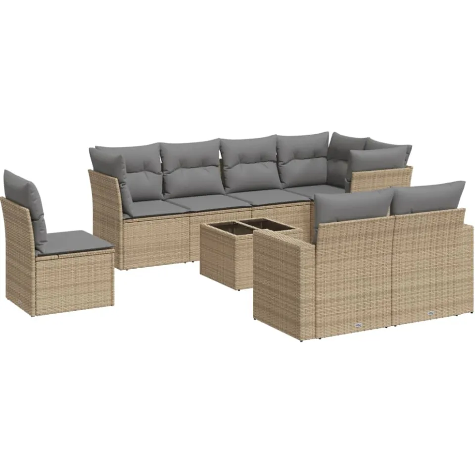 vidaXL 9-delige Loungeset met kussens poly rattan beige
