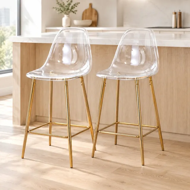 WUVRIE Transparante barkruk set van 2 - Gouden metalen onderstel en rugleuning - 65 cm zithoogte Gold