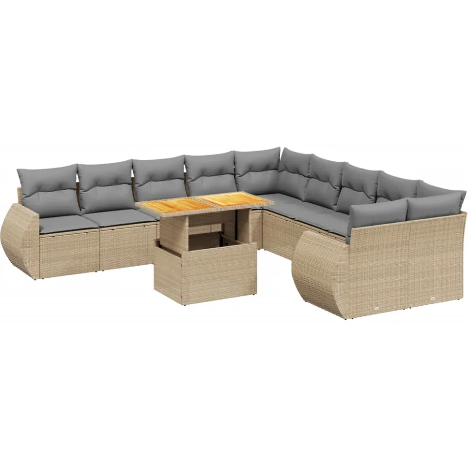 vidaXL 11-delige Tuinset met kussens poly rattan beige, foto 3
