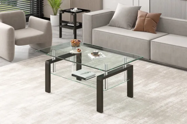 Wishdor Salontafel van gehard glas - Transparant tafelblad met glazen onderblad - Metalen frame - Rechthoekig en modern - Voor woonkamer appartement en kantoor - 100 x 60 x 44 cm