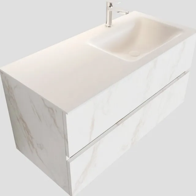 Boss & Wessing Badkamermeubel BWS Valencia Carrara Mat 100 cm Solid Surface Wastafel Rechts (1 kraangat, 2 lades)