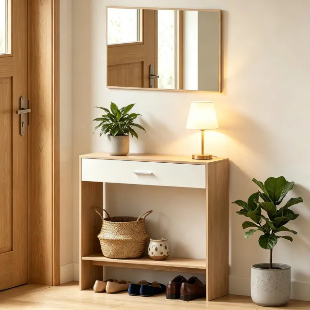 MIVRAY Sidetable - Moderne Haltafel Met Spiegel En Lade - Voor Entree En Woonkamer - Spaanplaat - Naturel Wit - 91,5 Cm Eikenhout