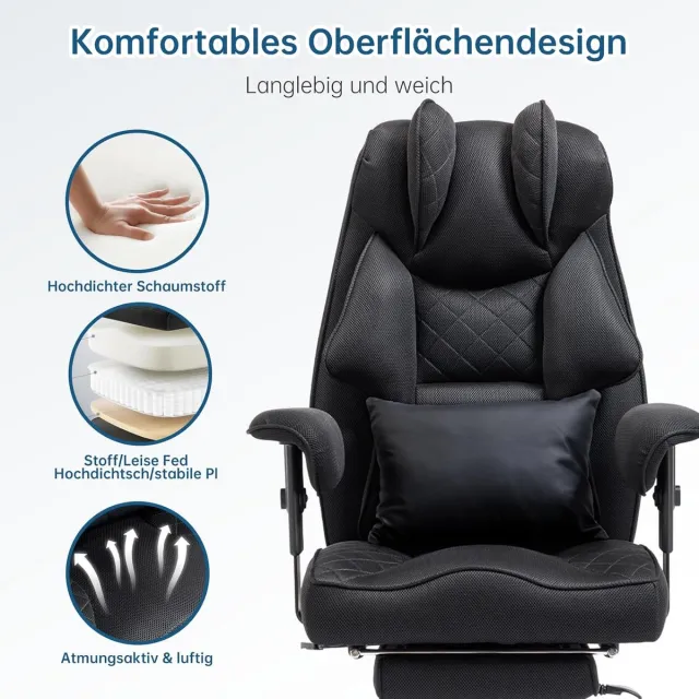 House&Garde Bureaustoel Ergonomisch XXL 200 kg - House&Garden AirFlow Comfort Chefsessel met Voetsteun, Mesh Ademende Rugleuning, W-Vorm Memory Foam Zitkussen, Verstelbare Armleuningen, Kantoorstoel Zwart