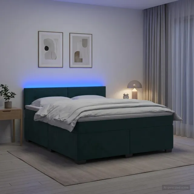 vidaXL Boxspring Bed met Matras en LED Donkergroen 160 x 200 cm