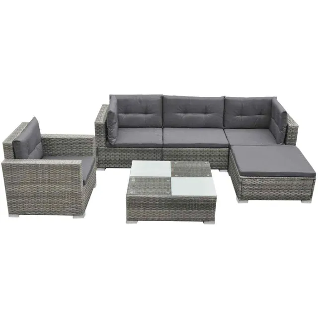 vidaXL 6-delige Loungeset met kussens poly rattan grijs