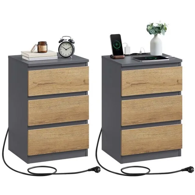 Homesy Nachtkastje set van 2 - Slaapkamer - Modern - Ebbenhout Grijs - 3 lades - Met stopcontact