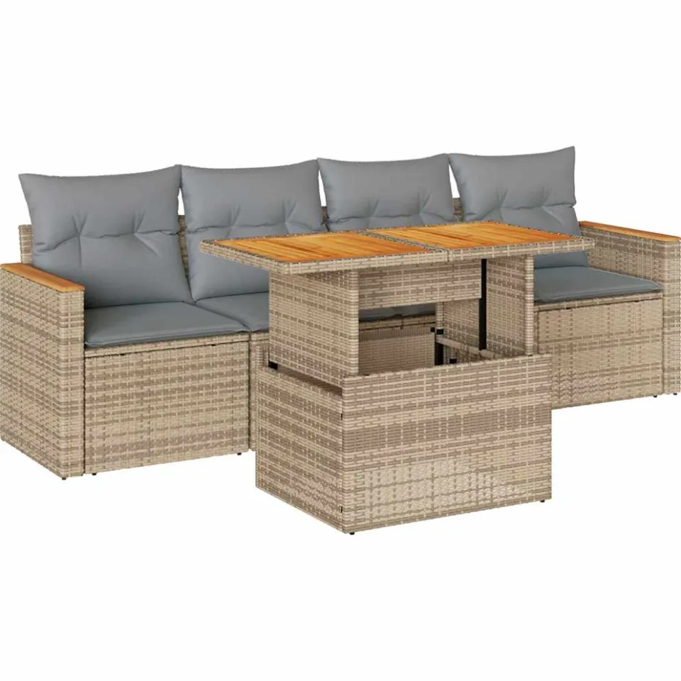vidaXL 5-delige Loungeset met kussens poly rattan en acaciahout beige, foto 3