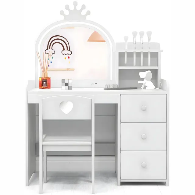 Happiq Kinder Kaptafelset - Voor Meisjeskamer - Princess Make-up Tafel met Stoel, Verlichte Drievoudig Opklapbare Spiegel - 3 Laden & Opbergplanken - Wit White