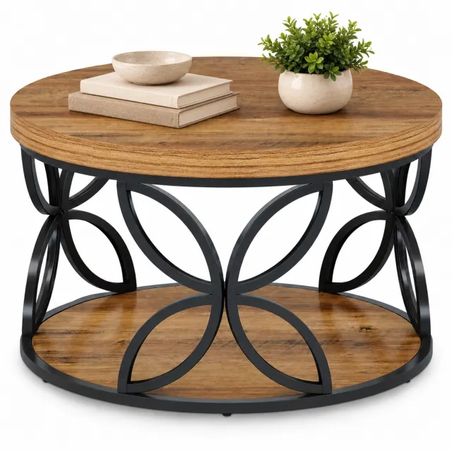 DMG Supply Salontafel - Ø80 x 47 cm - Ronde Koffietafel met 2 Lagen en Bloemvormig Metalen Frame - Bruin/Zwart