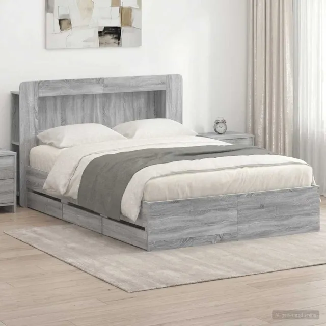 vidaXL Bedframe met opbergruimte en hoofdbord met lade Grijs Sonoma