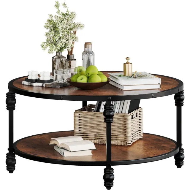 HOERFURIY Ronde Salontafel - Salontafel met Opbergplank - Bijzettafel Bruin - Tafel - Sidetable voor Woonkamer, Thuiskantoor - 72x72x48cm