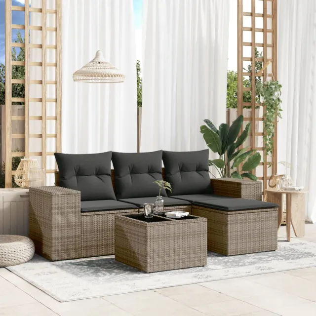 vidaXL 5-delige Loungeset met kussens poly rattan grijs, foto 2