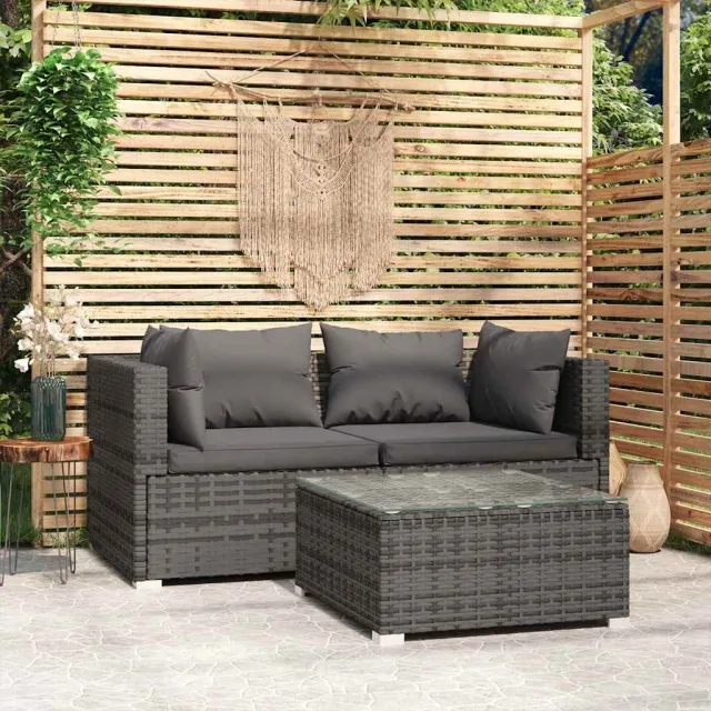 vidaXL 3-delige Loungeset met kussens poly rattan grijs, foto 2