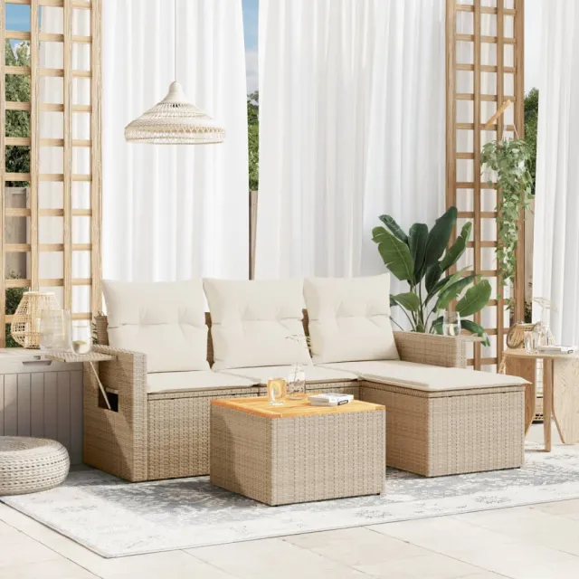 vidaXL 5-delige Loungeset met kussens poly rattan beige, foto 2