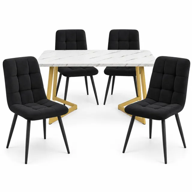 City long dragon LONG DRAGON - Eethoek - Tafel met 4 velvet stoelen - Rechthoekige eettafel - Goudkleurige tafelpoten - Zwart - 117 cm