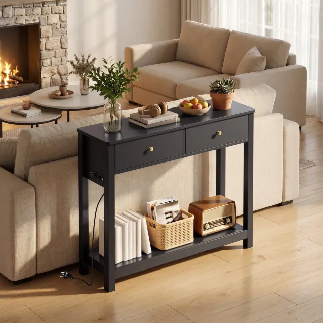 Xbro Consoletafel, Haltafel met 2 Lades en Opbergplank, Sidetable met EU-Stopcontact en USB,Zwart