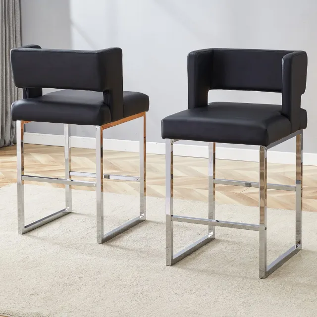 Clruro Barstoelen - 91,4 cm - 2 Stuks met Vierkante Zitting en Zilveren Poten - PU - Zwart Zwart+Zilver