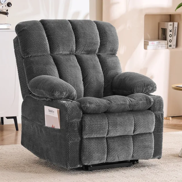 MIVRAY Relaxfauteuil 91 x 94 x 106,5 cm - Elektrische Sta-op Functie Met Twee Motoren - Massage En Lendenverwarming - Voor Woonkamer - Stof Grijs