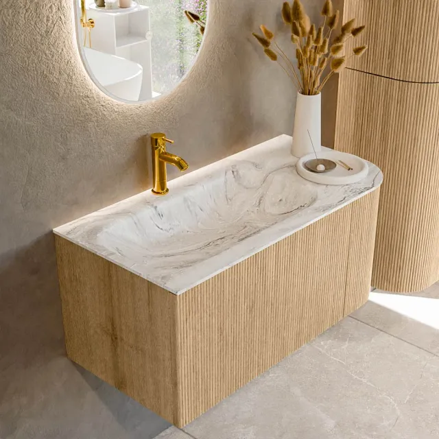 Mondiaz KURVE-DLUX 95 cm Onderkast Greeploos 1 Lade Met Deuren Oak, Wastafel Solid Surface Links Glace 1 Kraangat Zonder Spiegel (KRVBGS95R1L1D1KL-Oak/Gla)