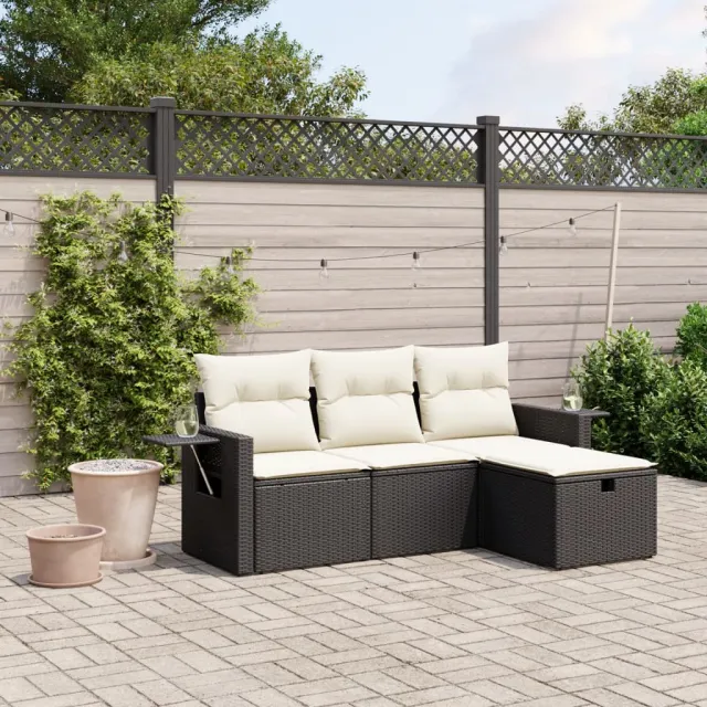 vidaXL 4-delige Loungeset met kussens poly rattan zwart, foto 2