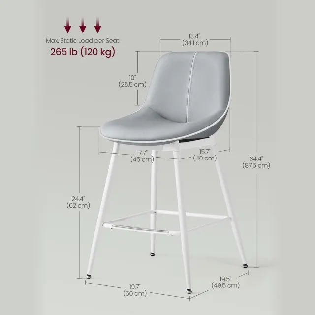 Vasagle 2x barkruk - set van 2 - zithoogte 62 cm hoog - met rugleuning - wit met grijs