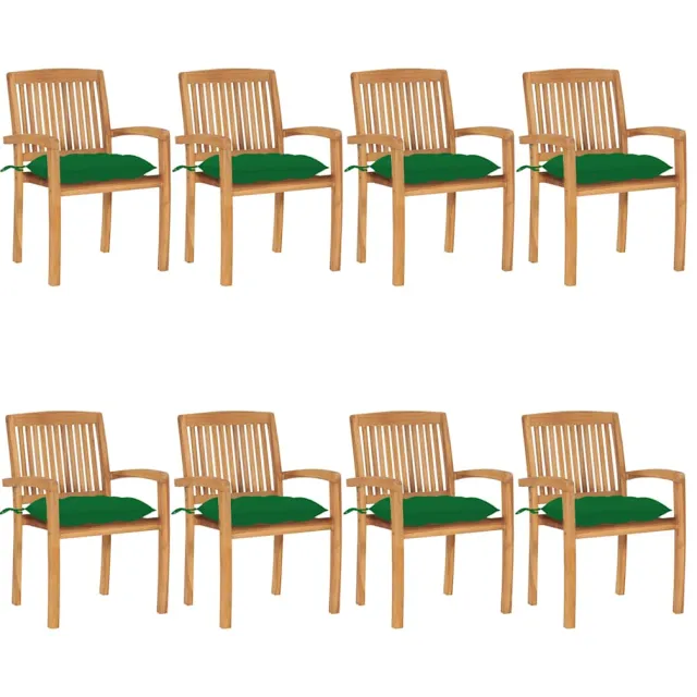 vidaXL Tuinstoelen stapelbaar 8 st met kussens massief teakhout Groen