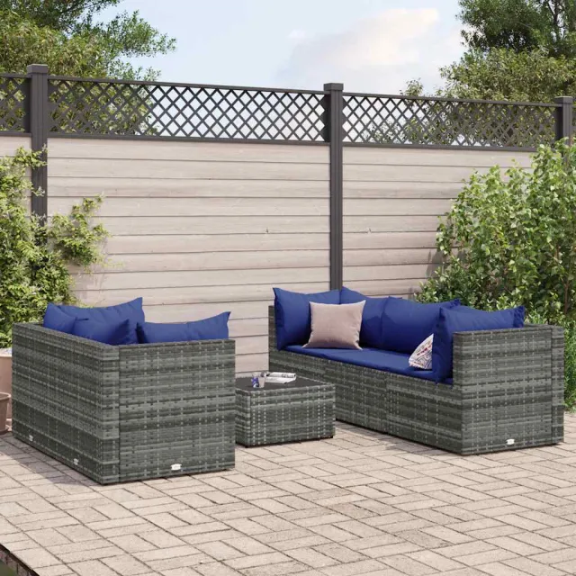 vidaXL 6-delige Loungeset met kussens poly rattan grijs, foto 2