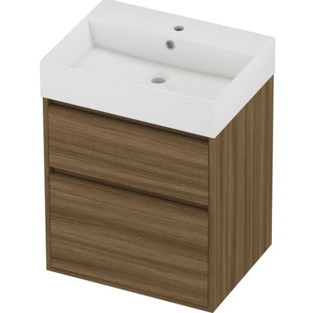 Proline Zara Badmeubelset Porselein Loft 1 Kraangat Greeploos 60x46x78 cm Glans Wit Caramel Walnut Houtlook