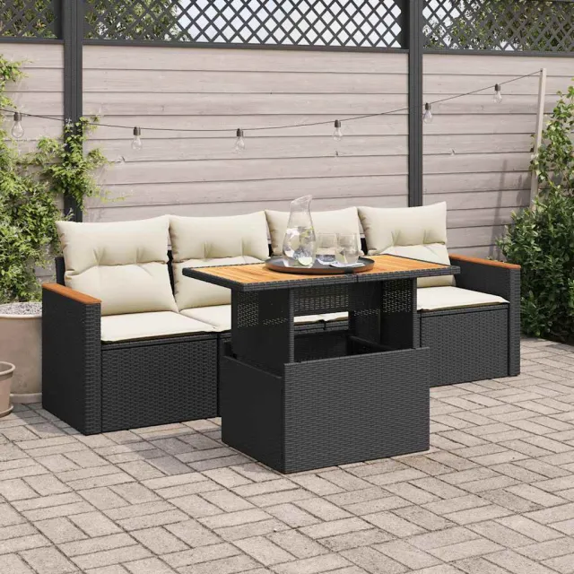 vidaXL 5-delige Loungeset met kussens poly rattan acacia zwart, foto 2