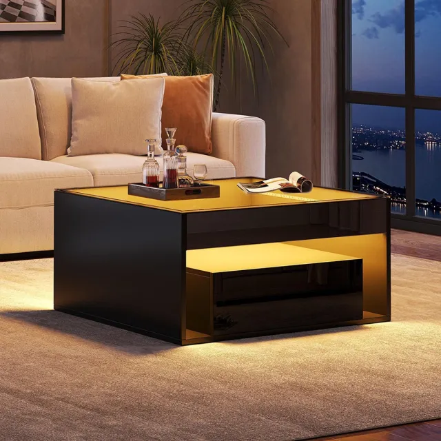 KOMHTOM Salontafel - Zwart hoogglans glas - 2 lades & LED-verlichting - Opengewerkt design (70x70x35 cm)