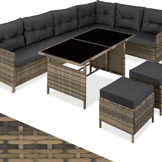 Tectake Loungeset Barletta - 6 tot 8 Personen - Modulaire Tuinset met Loungebank, Kruk en Tuintafel - Tuinmeubels - Balkonmeubel - 5-delige Zitgroep - Inclusief Kussens - Ideaal voor Tuin, Terras en Balkon - Natuurkleur met Donkergrijze Kussens