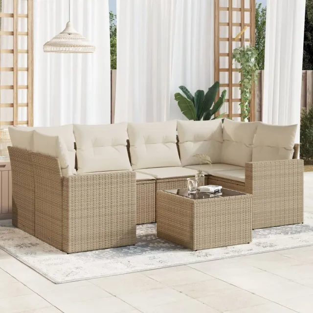 vidaXL 7-delige Loungeset met kussens poly rattan beige, foto 2