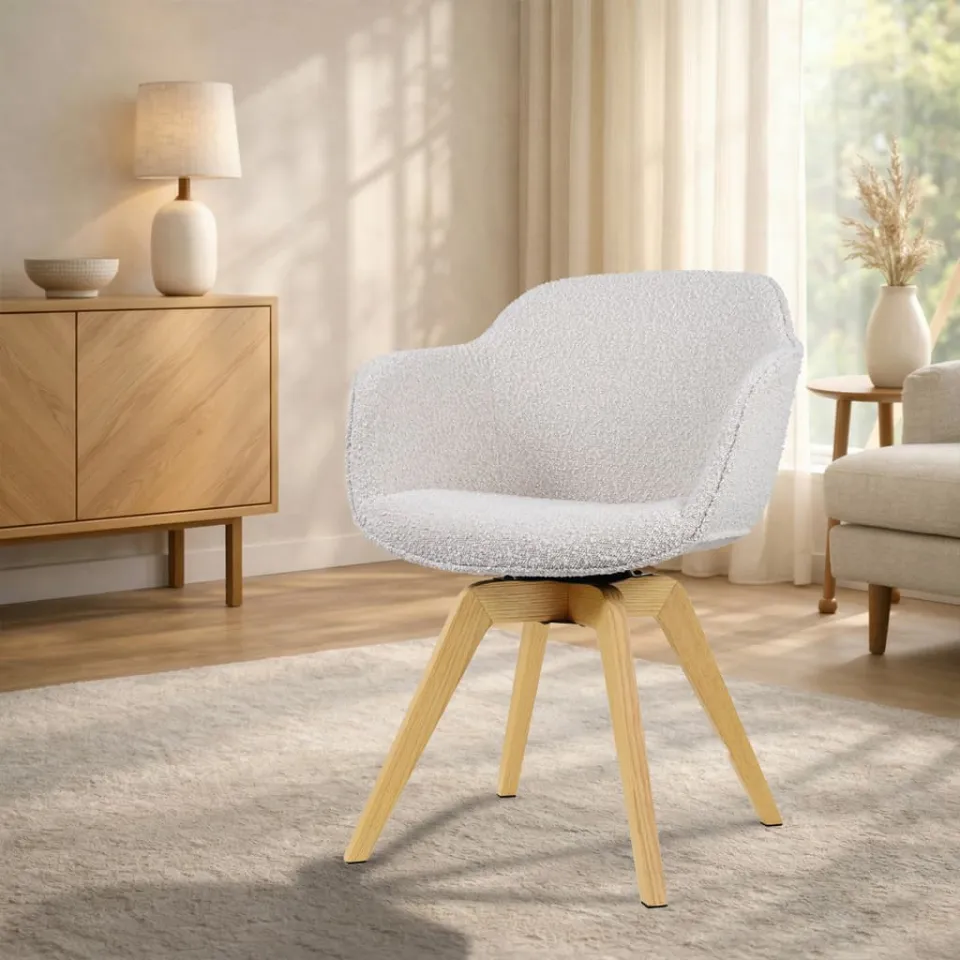 Nolon Noor-Mare draaibare eetkamerstoel bouclé beige - houten onderstel, foto 2