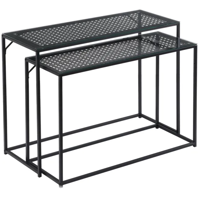 Ervesto Skyport Consoletafel Set Van 2 - Sidetable - Haltafel - Zwart Metaal En Glas - Nesttafels - Ruimtebesparend - Modern Industrieel Bruin