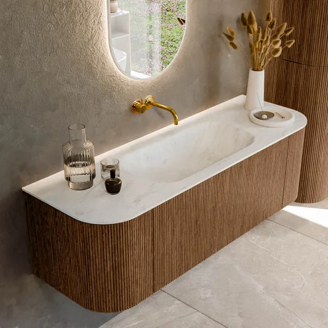 Mondiaz KURVE-DLUX 140 cm Onderkast Greeploos 1 Lade Met Deuren Walnut, Wastafel Solid Surface Midden Opalo 0 Kraangaten Zonder Spiegel (KRVBGS140L+R1L2D0KM-Wal/Opa)