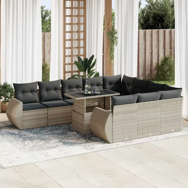 vidaXL 11-delige Loungeset met kussens poly rattan lichtgrijs grijs, foto 2
