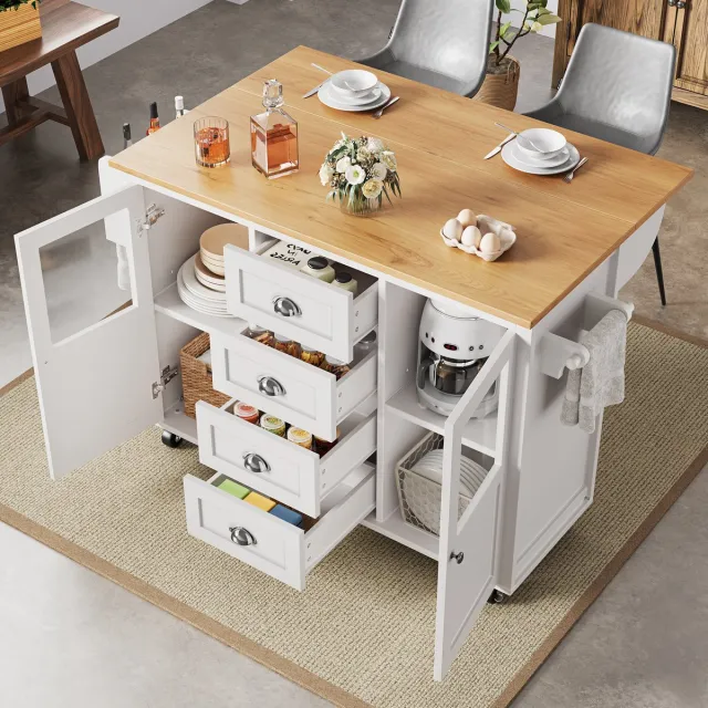 MODENUIT Keukeneiland - Uitklapbaar Met Wielen En Opbergruimte - Voor Keuken En Eethoek - Wit - 137,9x73x92,5 Cm