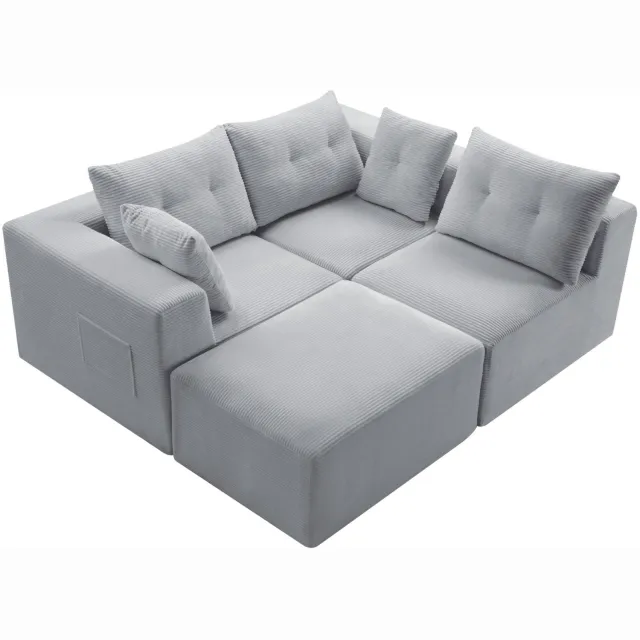 MIVRAY Hoekbank 254 x 92 x 82 cm - Modulair met Diepe Zit en Sierkussens - voor Woonkamer en Appartement - Ribfluweel - Grijs