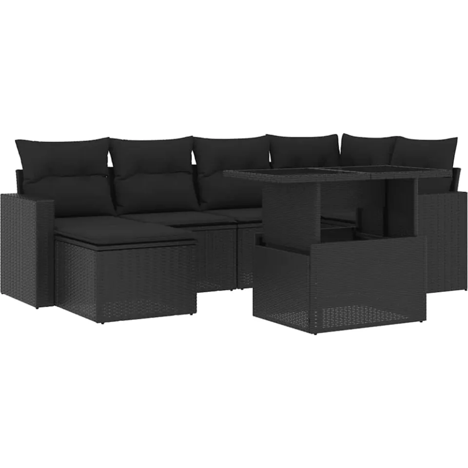 vidaXL 7-delige Loungeset met kussens poly rattan zwart