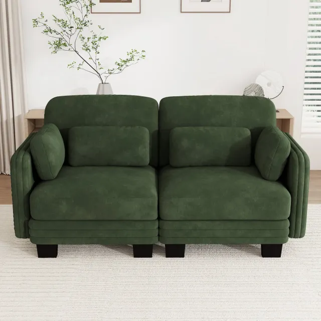 Vovtenza 2-zits modulaire bank - chenille bekleding - massief houten frame - inclusief lenden- en armkussens - eenvoudig en veelzijdig ontwerp voor woonkamer en appartement - groen Groente-Geen poef