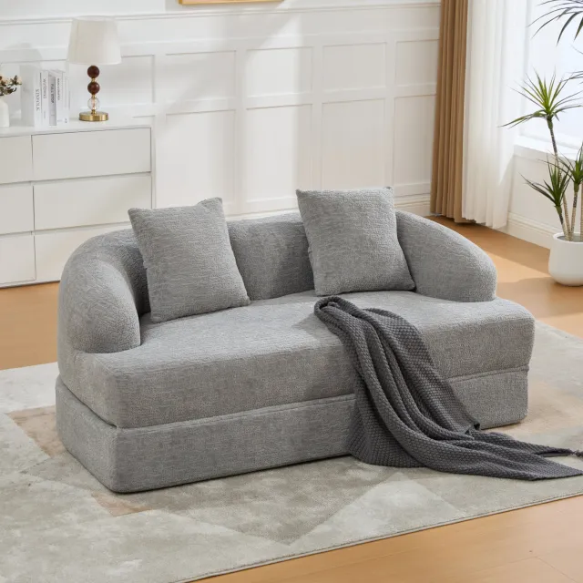 Wishdor 2-persoons slaapbank - Opklapbaar 2-in-1 ontwerp - Met 2 rugkussens - Retro uitstraling - Woonkamer slaapkamer gastenkamer - Chenille - Lichtgrijs - 157 x 84 x 65 cm