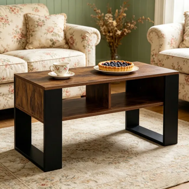 HAUSS SPOLE Salontafel - Met 2 Open Opbergvakken - Voor Woonkamer En Bankhoek - Hout Zwart Rustiek Bruin - 90x45x45 Cm Zwart, Rustiek Bruin
