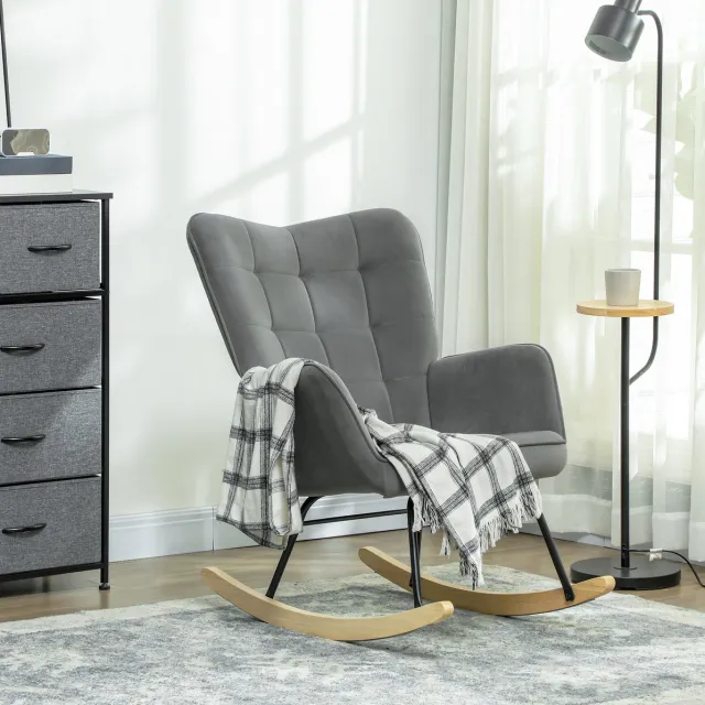 MODFU Schommelstoel - Fluwelen Bekleding - Houten Schommelbasis - Donkergrijs