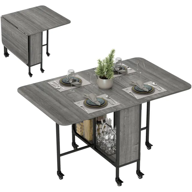 Lunpog Eettafel met wielen - Opklapbaar - Uitschuifbare eettafel - Draagbare opklapbare tafel - 6 zitplaatsen - Afmetingen: 130 cm x 80 cm x 74 cm - Grijs