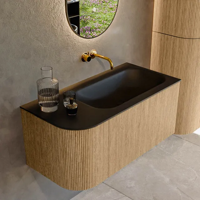 Mondiaz KURVE 95 cm Onderkast Greeploos 1 Lade Met Deuren Oak, Wastafel Solid Surface Rechts Urban 0 Kraangaten Zonder Spiegel (KRVBGS95L1L1D0KR-Oak/Urb)