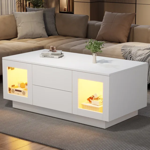MODENUIT Salontafel - Wit Hoogglans Met LED En Opbergruimte - Voor Woonkamer En Bureau - MDF - 100x50x40 Cm