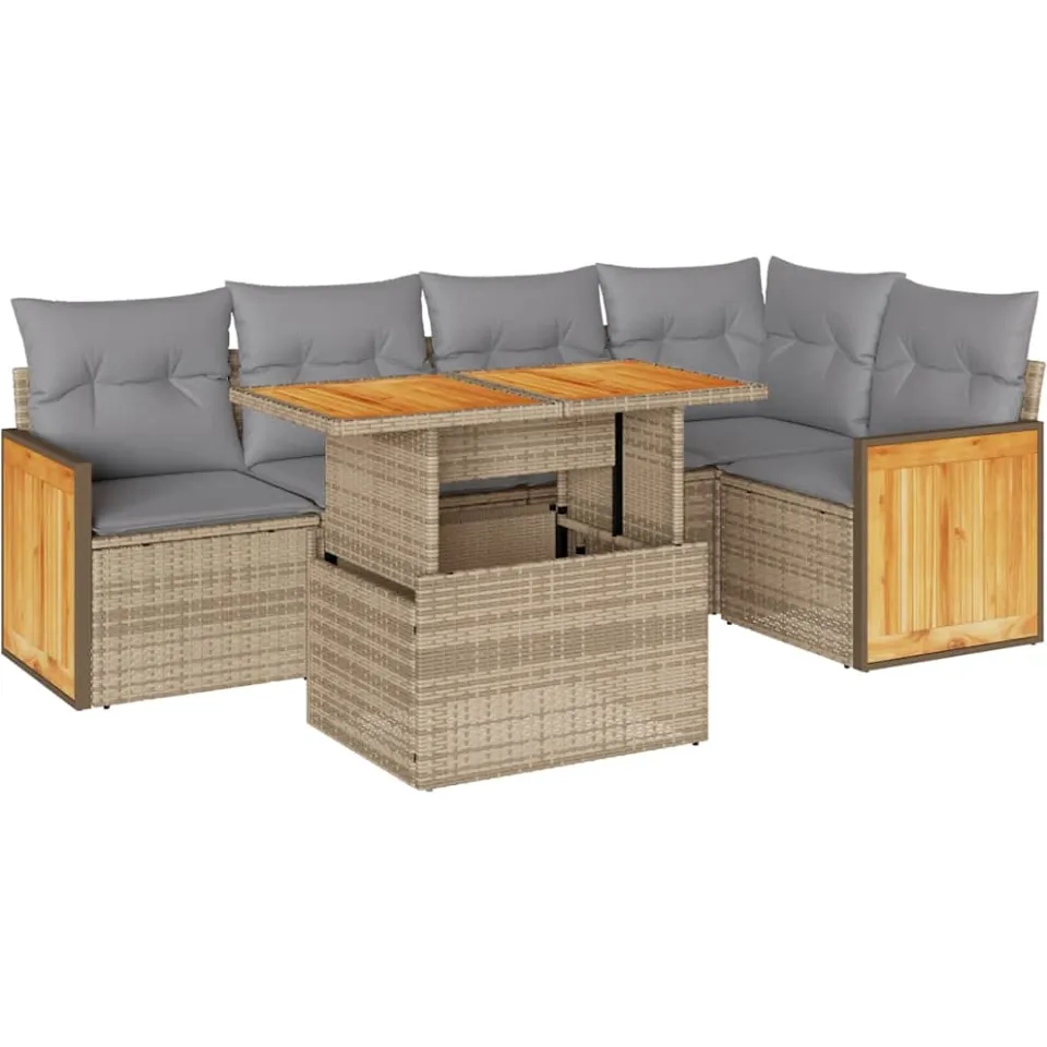 vidaXL 6-delige Loungeset met kussens poly rattan acacia beige, foto 3